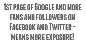 1st page of Google and more fans and followers on Facebook and Twitter - means more exposure!